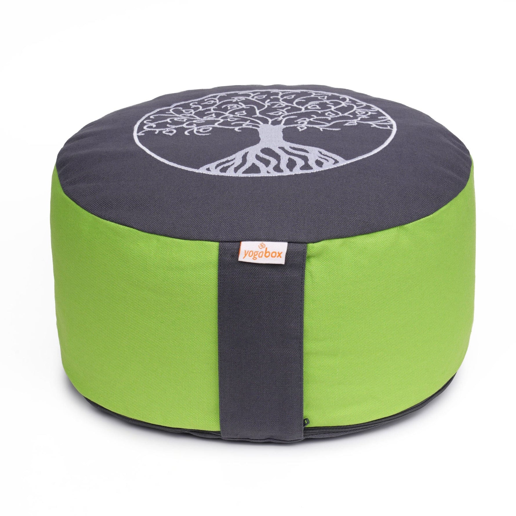Meditationskissen Glückssitz® Lebensbaum grau / apfelgrün Buchweizenschalen 33 x 33 x 15 cm