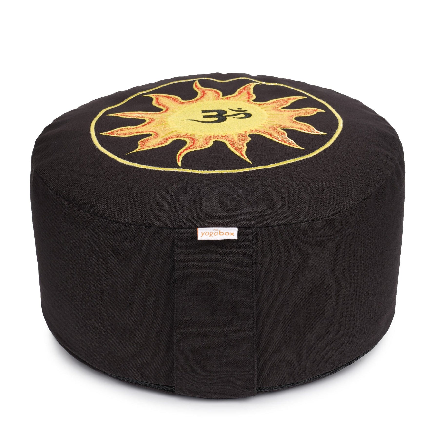 Meditationskissen Glückssitz® Sonne O M Stick schwarz/gelb/orange Buchweizenschalen 33 x 33 x 15 cm