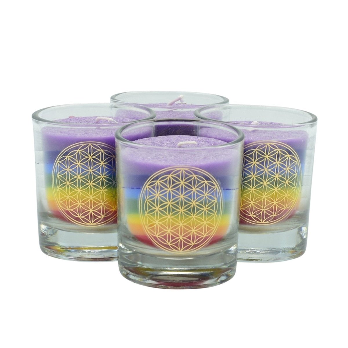 4 Chakra Palmwachs Kerzen im Glas Blume des Lebens Set - YOVANA GmbH • yogabox.de