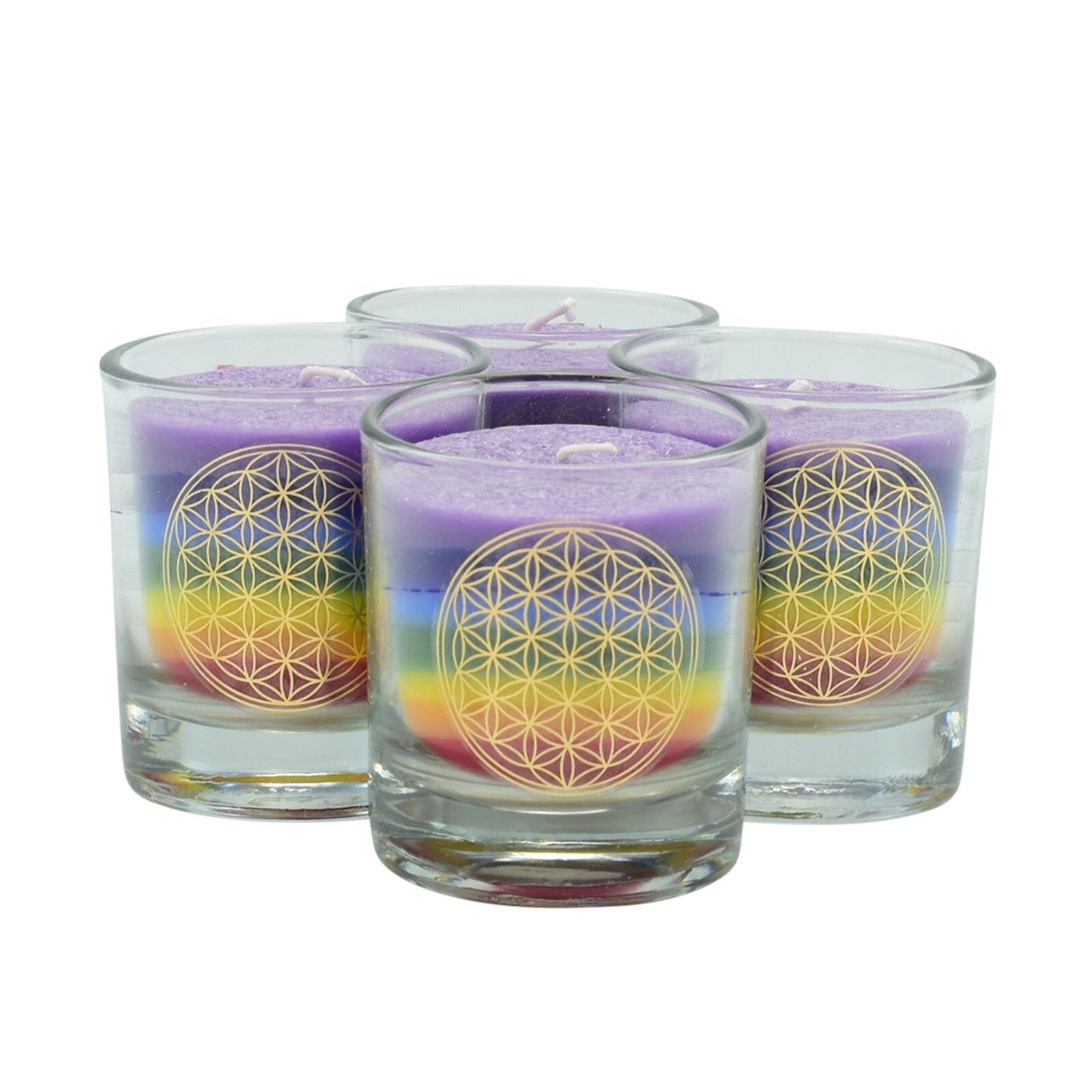 4 Chakra Palmwachs Kerzen im Glas Blume des Lebens Set multicolor 6 x 2,5 cm Blume des Lebens