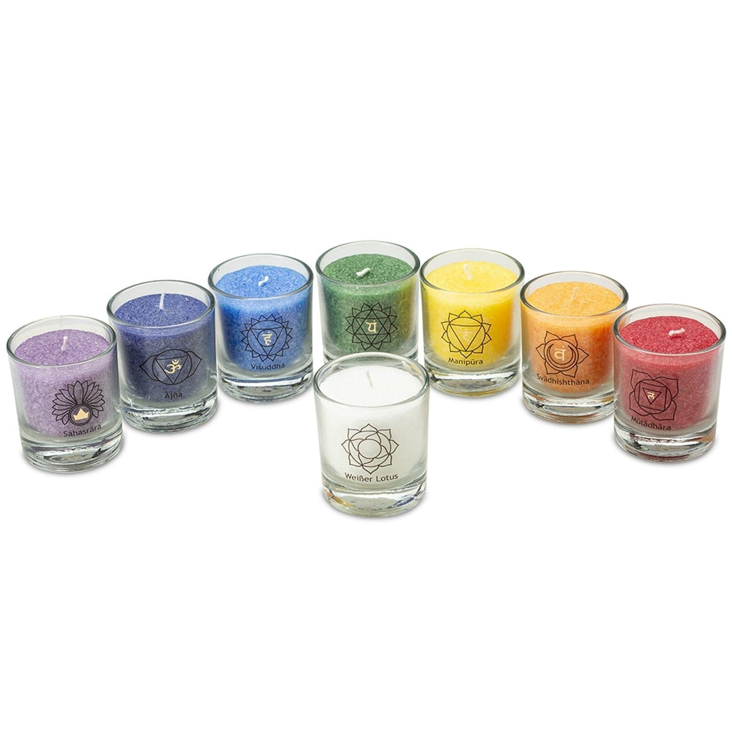 8 Chakra Palmwachs im Glas Set 6 x 2,5 cm Chakra 