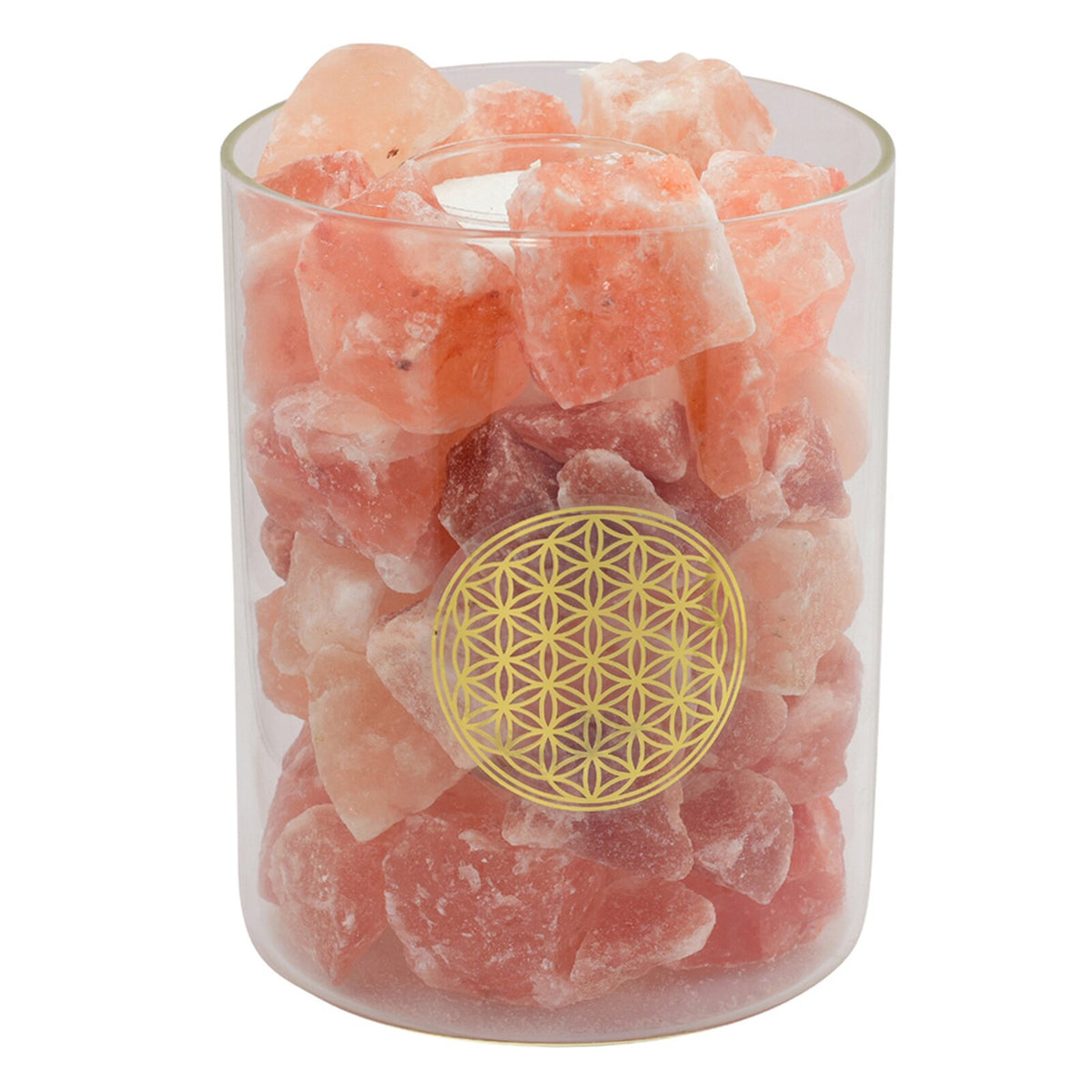 Beleuchteter Salzkristall FEUER im Glas Blume des Lebens Feuer 12 x 12 x 19 cm Blume des Lebens
