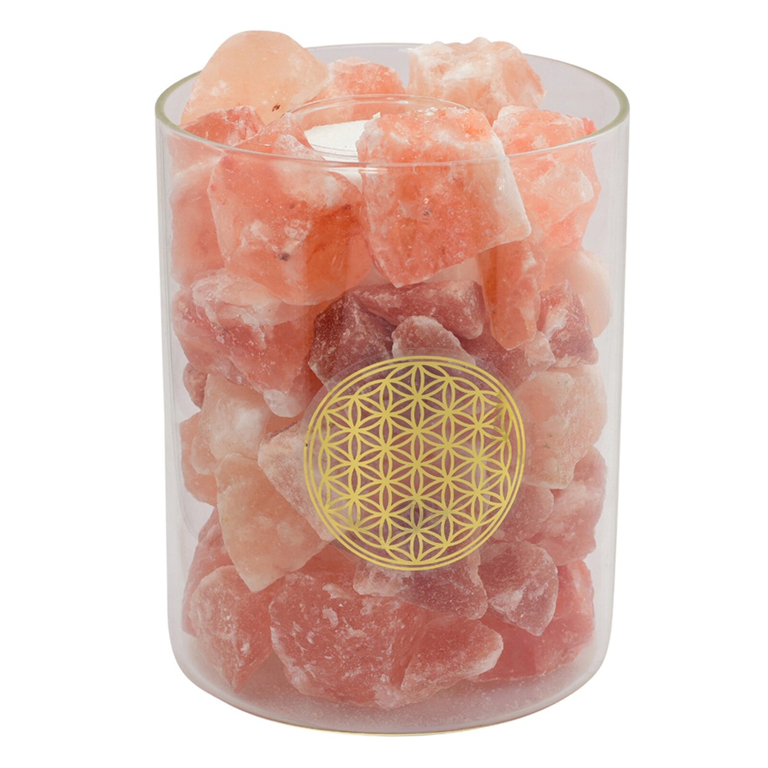 Beleuchteter Salzkristall FEUER im Glas Blume des Lebens Feuer 12 x 12 x 19 cm Blume des Lebens