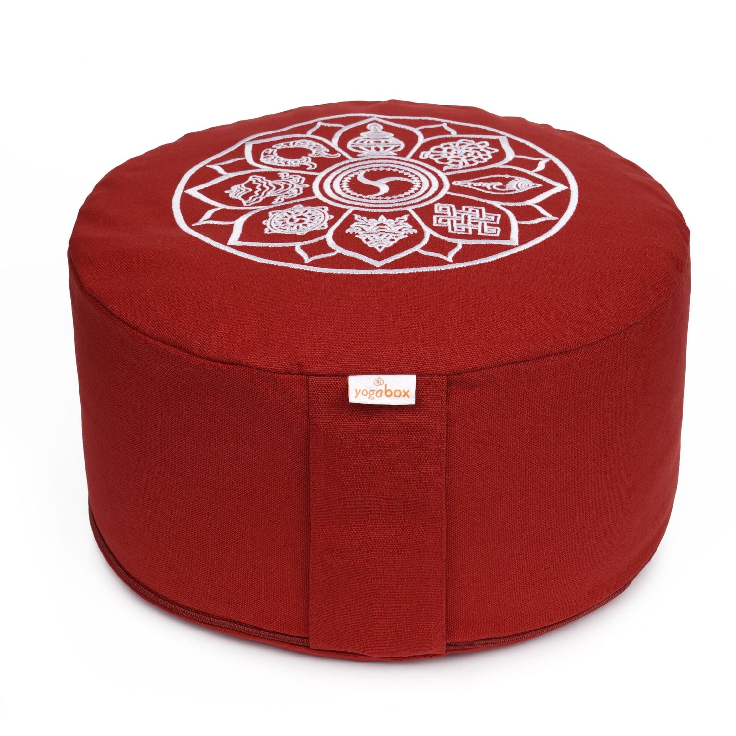 Meditationskissen Glückssitz® 8 Glückverheißende Symbole bordeaux Buchweizenschalen 33 x 33 x 15 cm