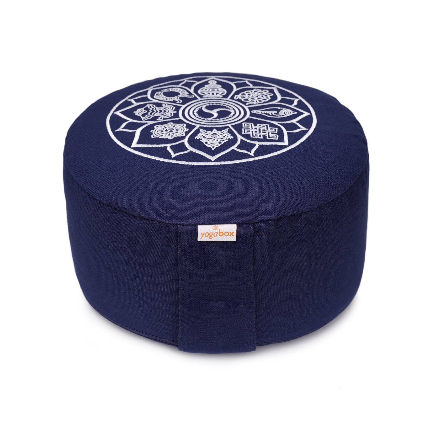 Meditationskissen Glückssitz® 8 Glückverheißende Symbole dunkelblau Buchweizenschalen 33 x 33 x 15 cm