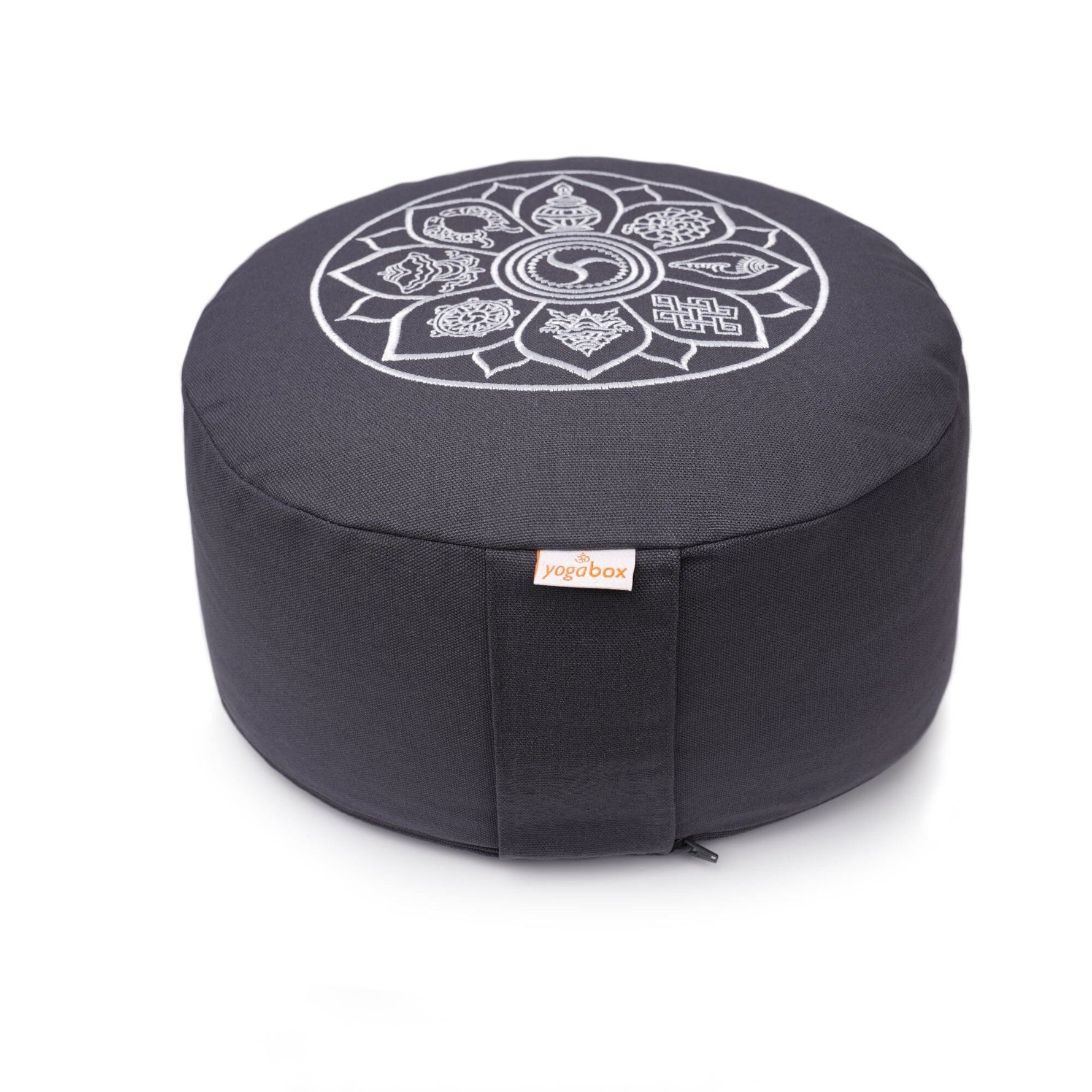Meditationskissen Glückssitz® 8 Glückverheißende Symbole grau Buchweizenschalen 33 x 33 x 15 cm