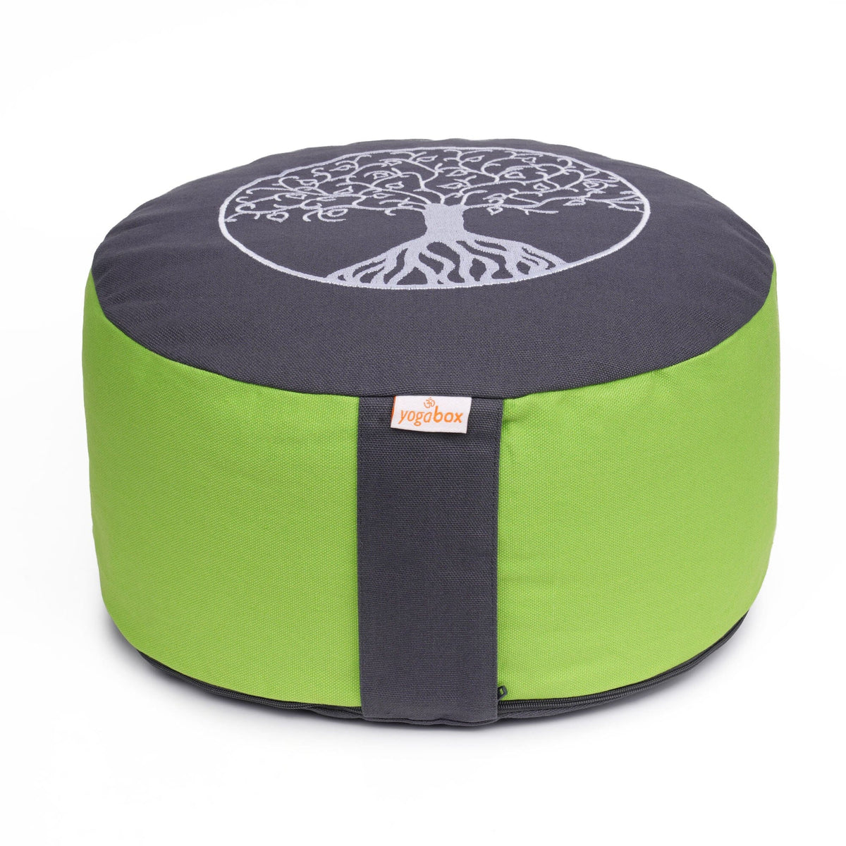Meditationskissen Glückssitz® Lebensbaum grau / apfelgrün Buchweizenschalen 33 x 33 x 15 cm