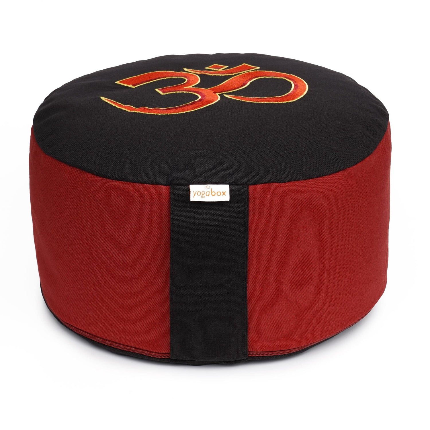 Meditationskissen Glückssitz® mit O M - Symbol rot / schwarz Buchweizenschalen 33 x 33 x 15 cm