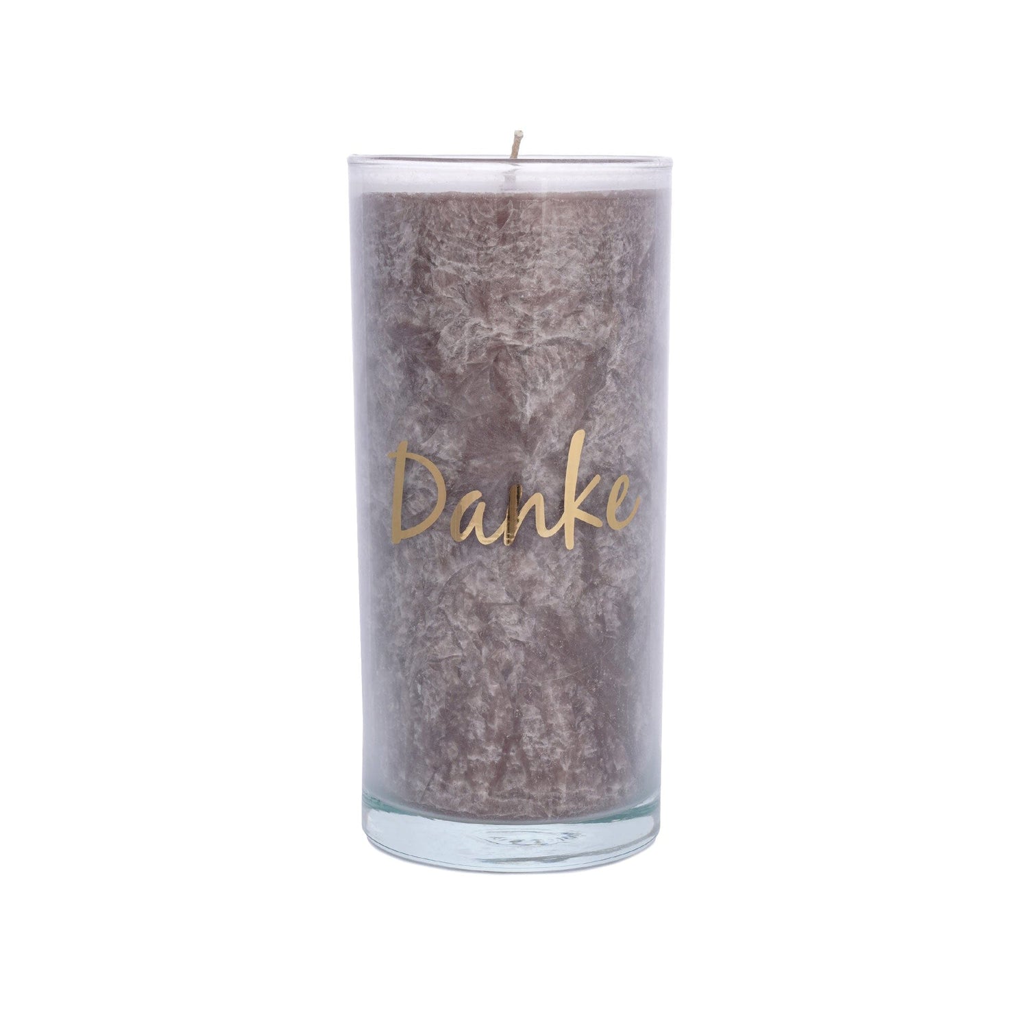 Palmwachs-Kerze mit goldenen Etikett braun 14 cm Danke