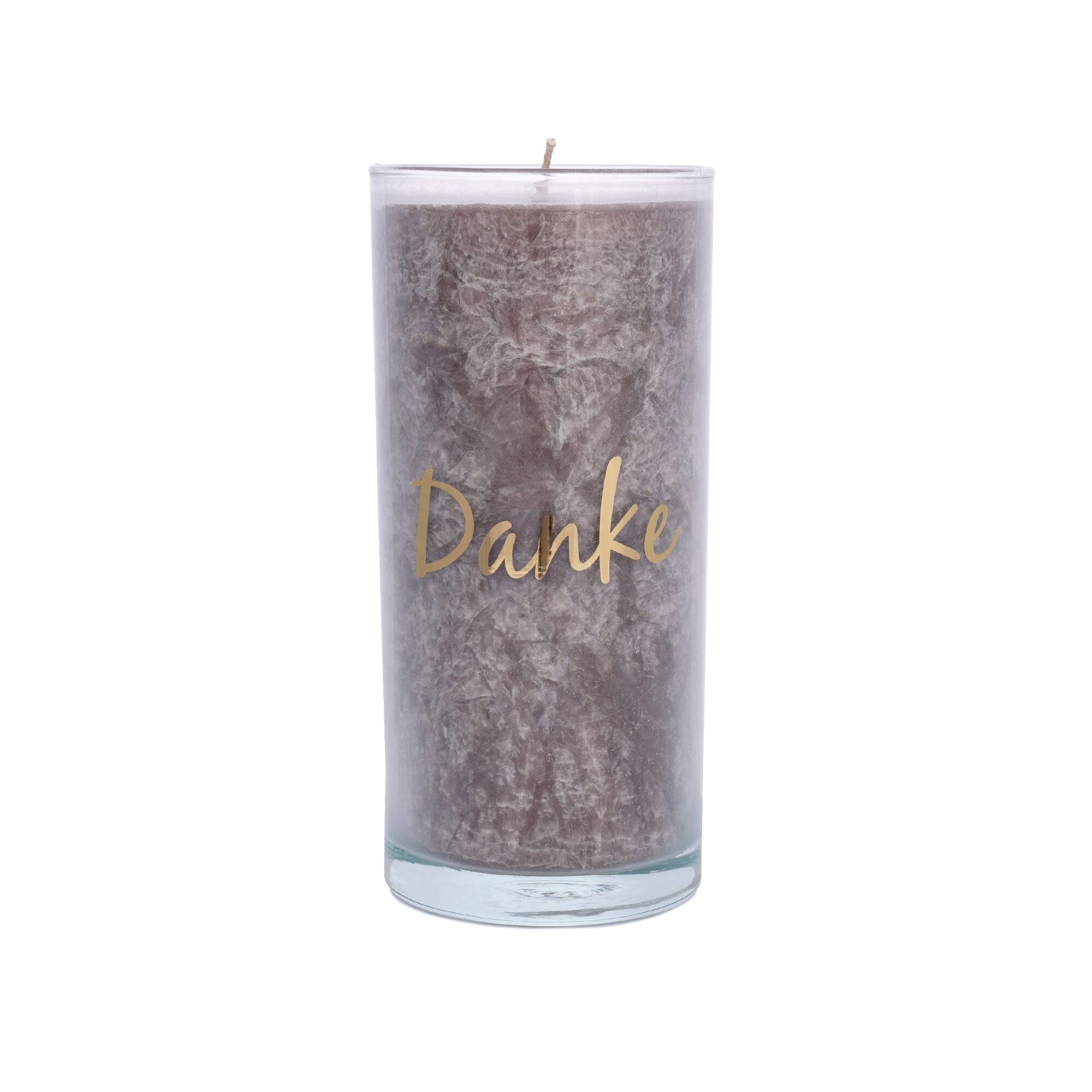 Palmwachs-Kerze mit goldenen Etikett braun 14 cm Danke
