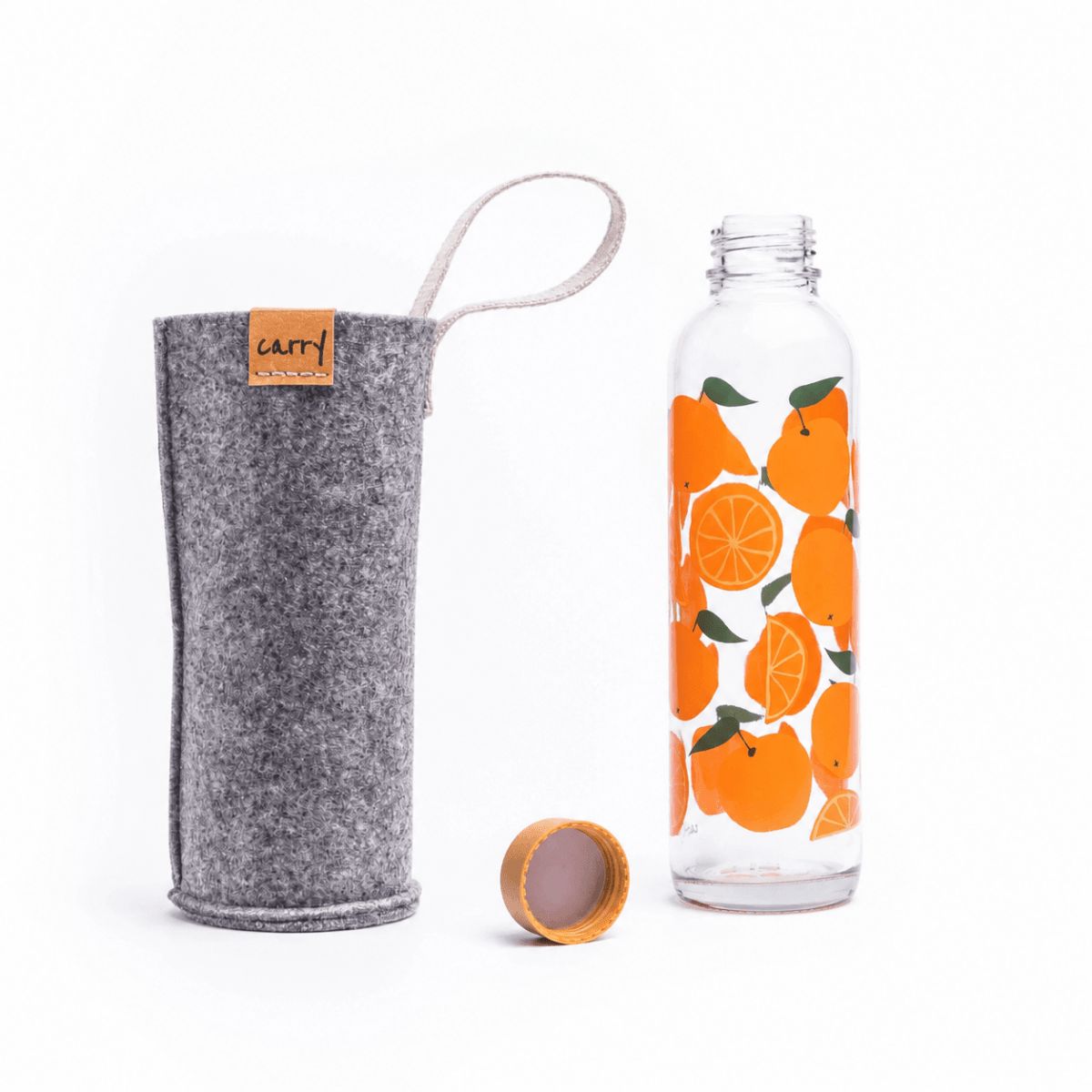 Sommer Set CARRY Glastrinkflasche Juicy oranges + Sleeve grau 
