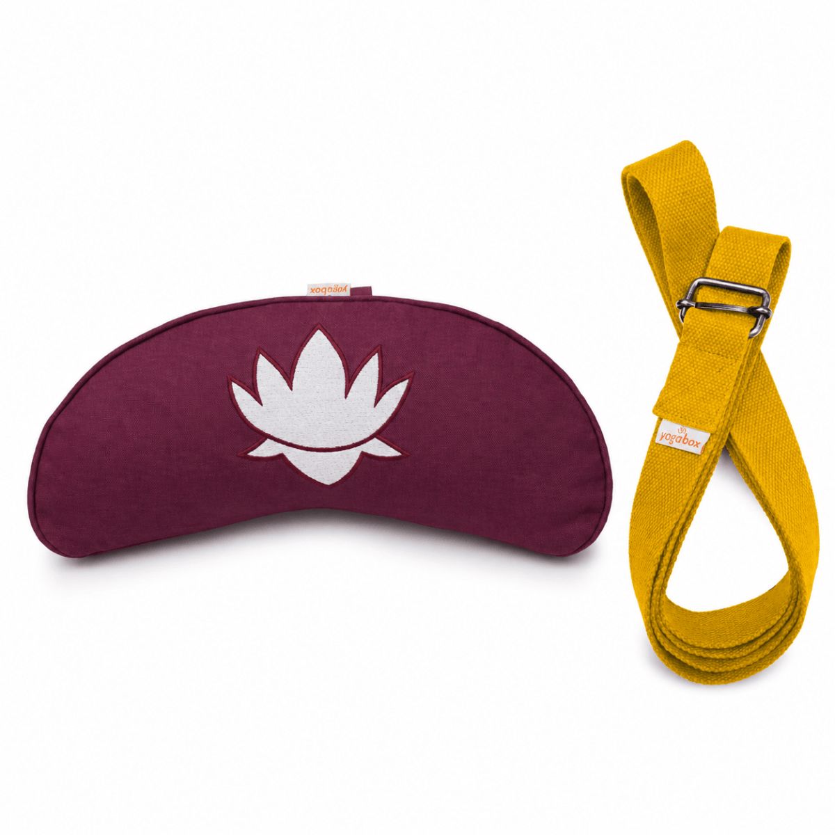 Sommer Yogaset Yogakissen Halbmond + Yogagurt gelb aubergine 
